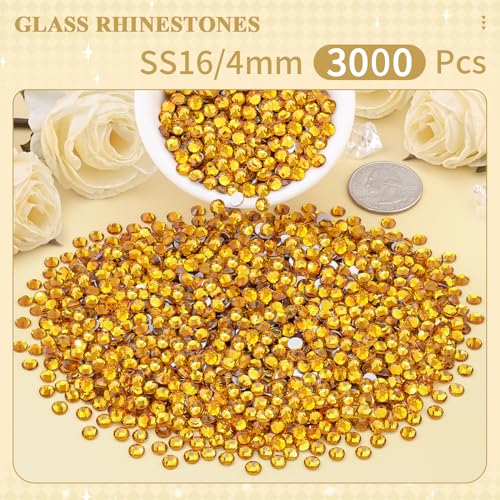 Image of 3000PCS SS16 /4mm Crystal Glass Rhinestones for Bedazzling (Topaz) | Flatback Rhinestones for Crafting DIY Nail Art Makeup Decoration, Gems Diomand Charms for Tumbler Shoes Clothing Mug