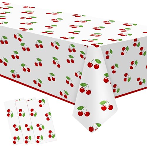 Image of Zhehao 3 Pcs 54x108 Inch Cherry Tablecloth Decorations Disposable Plastic Table Cover Rectangle Table Runner for Bachelorette Bridal Shower Baby Shower Party Decor Supplies