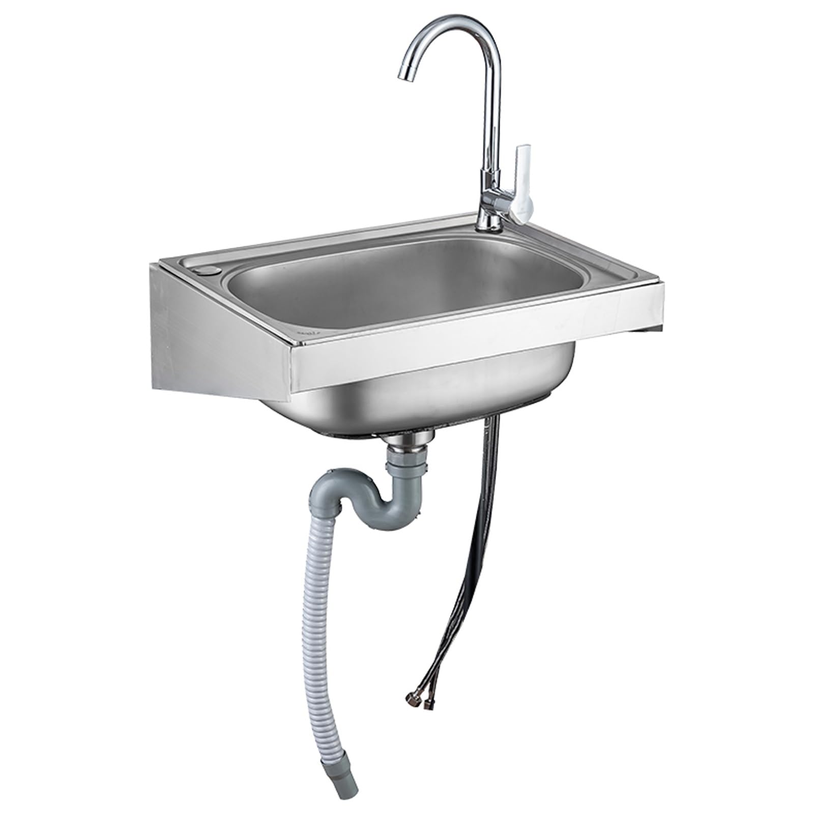 Commercial Hand Washing Sink with Hot and Cold Water Taps, All-Steel Drain Pipe, Wall Mount for Bar, Cafe, Restaurant, Kitchen, Hotel