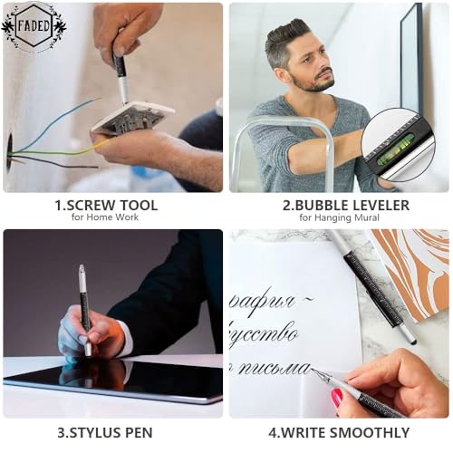 Image of Faded 6-in-1 MultiTool Pen Set | All-in-One Ballpoint Pens with Stylus, Ruler, Level, Flat & Phillips Screwdrivers | Compact & Versatile Tool Pens (Pack of 2)