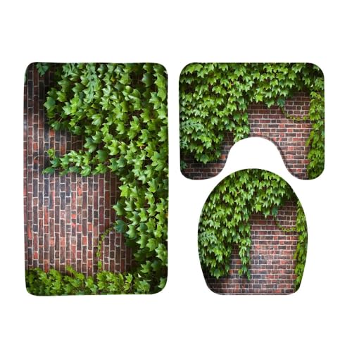 VPUPCN Brick Wall 3 Pcs Bath Rugs Set,Green Leaf Ivy Plant Rustic Rocks Stone Wall Natural Farmhouse Botanical Bathroom Kitchen Rug with 17.8