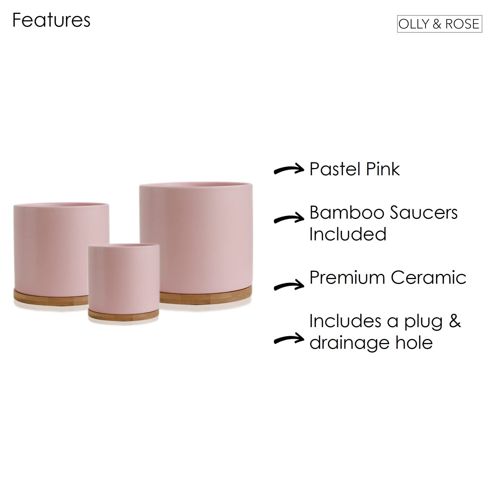Olly & Rose Juego de 3 macetas de cerámica con platillos de bambú, color rosa pastel, para interiores, macetas de cerámica, recipientes, para exteriores, grandes, medianas y pequeñas con platillos