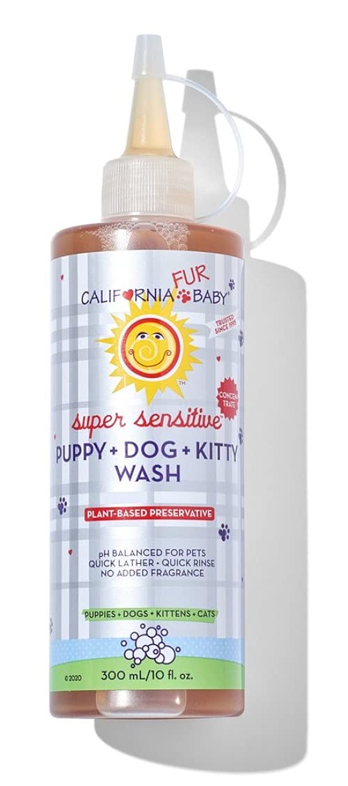 California Fur Baby Super Sensitive Dog Shampoo | No Added Fragrance | Puppy, Dog, Cat & Kitten Wash | Relief for Sensitive Skin Puppies - Vegan Quick-Rinse Wash | 10 Oz Easy Squeeze Bottle