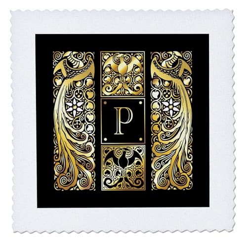 16x16 inch Quilt Square - Image of Art Nouveau Peacocks- Monogram Letter P- not foil Embossed Monograms-Peacocks- Letter P