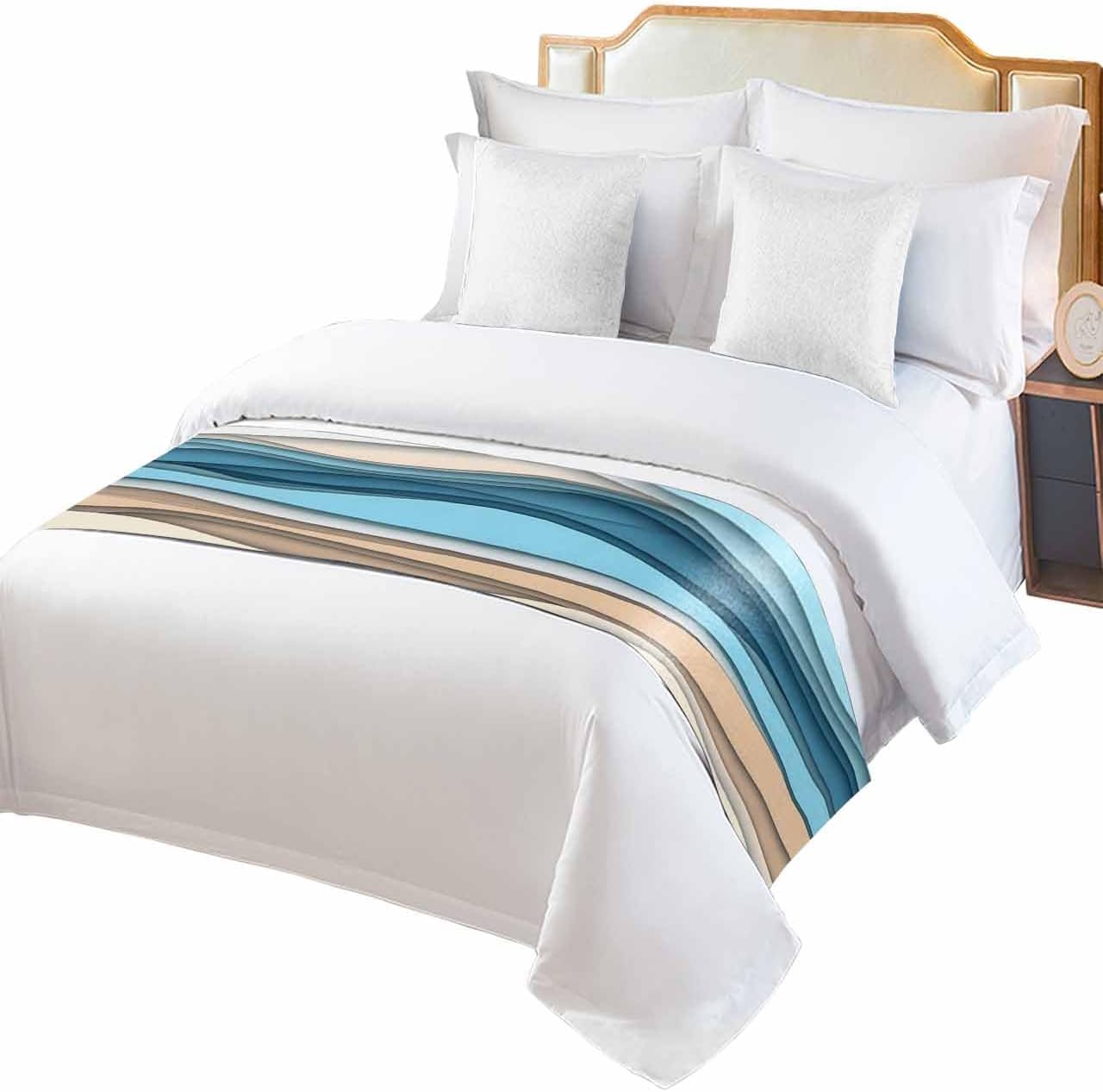 Modern Minimalist Water Ripple Bed Runners for Bedroom Hotel,Decorative Bedding Scarf Blue Brown Gradient Stripe Bed End Blanket Bedding Runner Scarves for Queen Size Bed,94x20in
