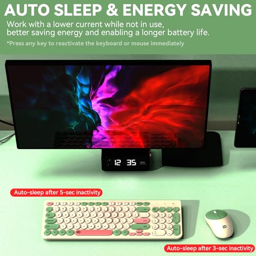 Image of FD Wireless Keyboards and Mouse Combo - 2.4GHz USB Cordless, Cute Wireless Keyboard Round Keys, Quiet and Slim Set for Laptop, Computer, TV and Mac - Milky White Green Colorful