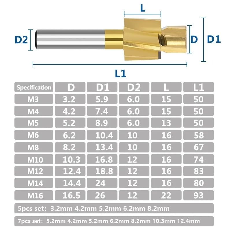Punta Per Utensile Per Scanalatura Pilota Fresa Per Svasatura Fresa HSS,7pcs Set