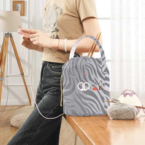Image of ElliTarr Crochet Bag Yarn Bag with Handle Portable Knitting Project Bag Travel Yarn Storage Organizer Holder Case Light Silvery Zebra Print
