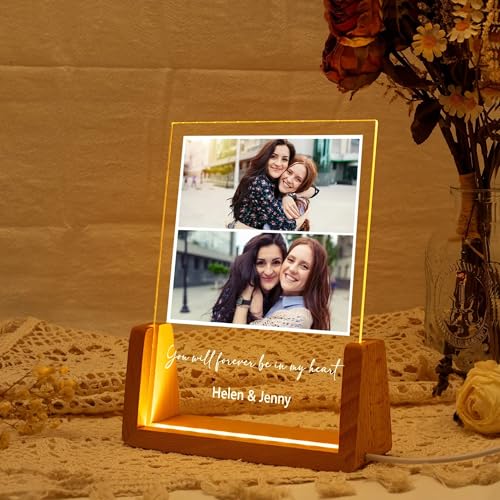 Image of Friendship Day Custom Photo Collage LED Lamp, Personalised Acrylic Night Light for Best Friends, Warm White, Wooden Base, Touch Control, Modern Style (Bestie 5)