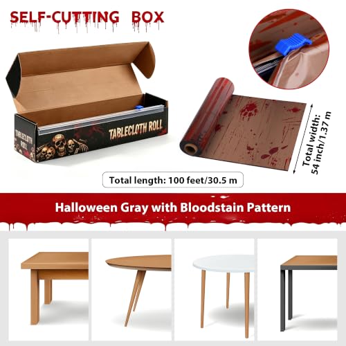 Image of Kochorie 100 Ft x 54 Inch Halloween Bloody Party Tablecloth Roll with Cutter Box Waterproof Plastic Horror Bloody Zombie Table Cover for Halloween Spooky Party Decorations, Gray