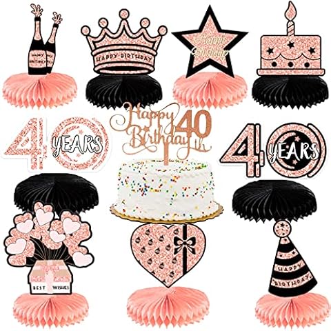 10 Pieces Birthday Table Decorations Centrepiece, 40th Birthday Honeycomb Decorations with Happy 40th Birthday Cake Topper, Rose Gold Black Table Toppers for Women Cheer to 40 Years Party Decoration Cover