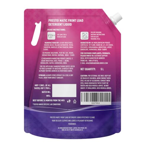 Image of Amazon Brand - Presto! Matic Front Load Liquid Detergent Refill Pack 5L | Floral Scent | Quick Action Stain Removal for Front Load Washing Machines
