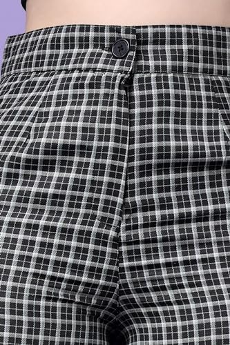 Image of POPWINGS Casual Check Print Button and Zip Closure Trouser for Women | Western Wide-Leg Trouser for Women | Summer Trousers for Women | Comfortable Semi-Formal Work Trouser for Women