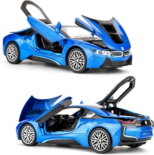 Image of 1:32 BMW i8 Diecast Toy Car Pull Back Metal Car with Openable Doors Sound & Light Features Realistic Kids Gift & Collectible Model for Boys & Girls (Blue)