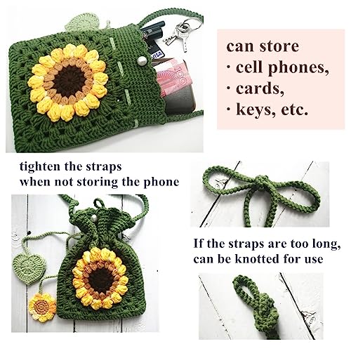 Handmade Crochet Sunflower Blossom Phone Bag Knitted Bag for Women, A-mint green4