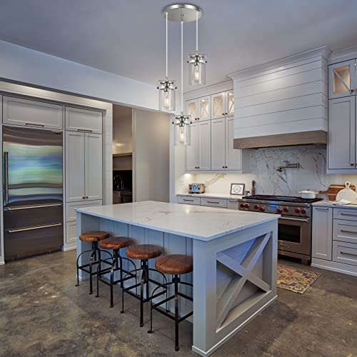 Modern 3 Light Glass Pendant Light, Brushed Nickel Pendant Lighting Fixture With Clear Glass Shade, Adjustable Cord Farmhouse Ceiling Hanging Light For Kitchen Island Dining Room Bedroom Living Room #TOP1
