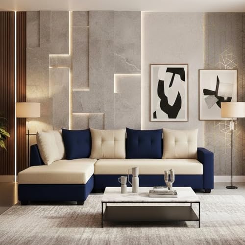 Image of SOCOZI Oriana 4 Seater LHS L Shape Sofa Set | Soft Velvet Suede Fabric | Modern Design | Plush Comfort Cushions for Living Room (Dark Blue-Cream)
