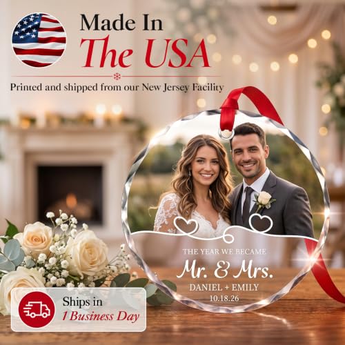 Image of First Christmas Married Ornament 2026, Personalized Wedding Photo Ornament