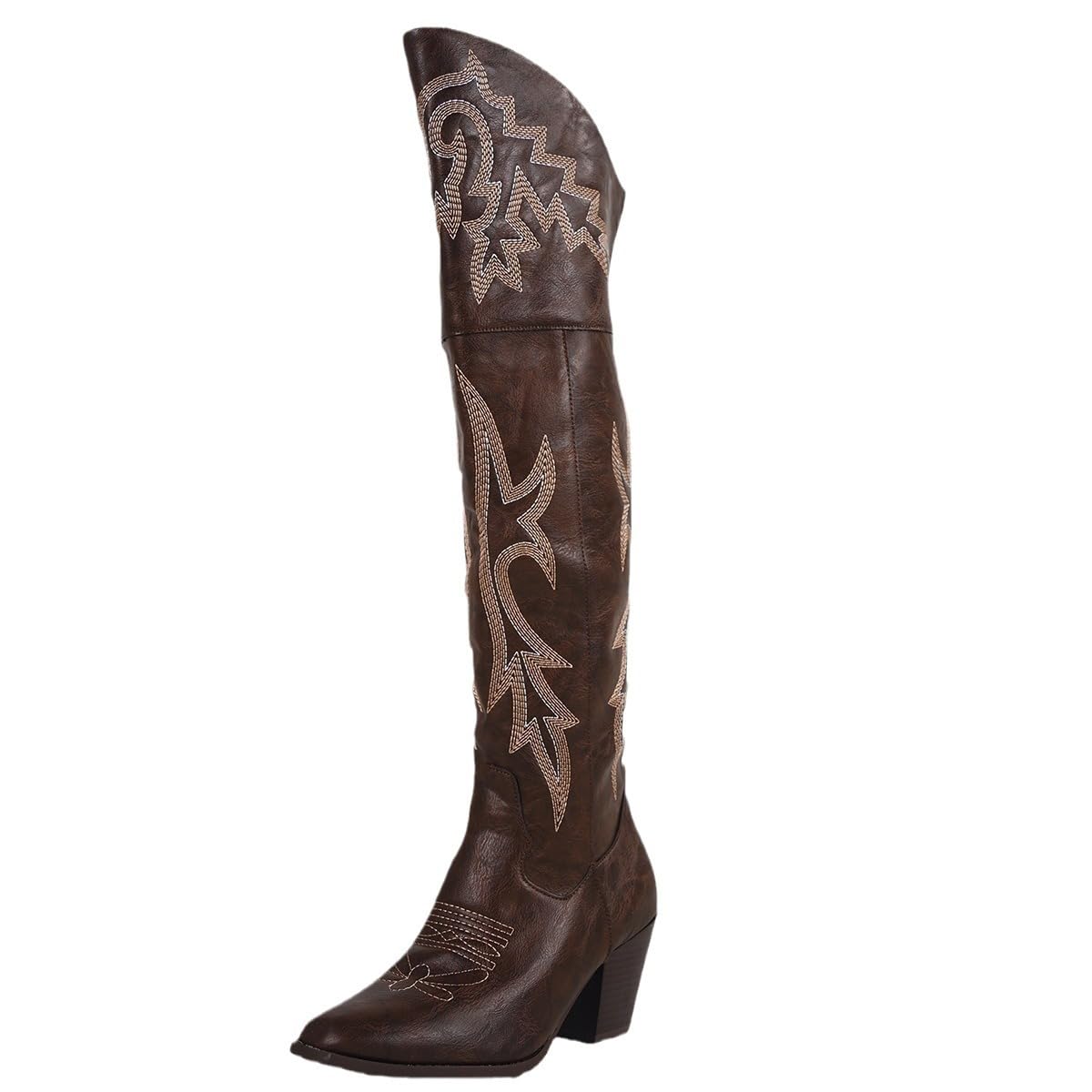 Over the Knee Cowgirl Boots for Women Pointed Toe Embroidered Western Boots with Side Zipper Chunky Long Cowboy