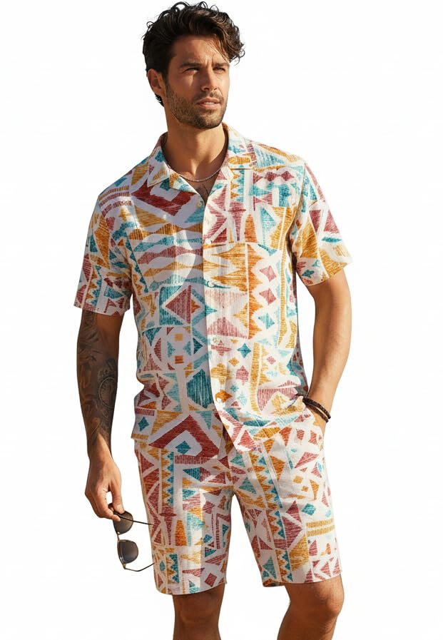 Image of Zilcon Men's Matching Set Summer Beach 2 Piece Outfits Floral and Palms Button Down Shirts and Shorts Goa Vacation Outfits