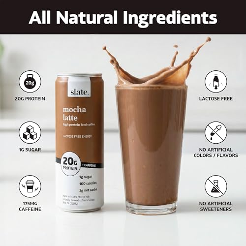 Image of Slate Milk - High Protein Iced Coffee - Mocha Latte - 175mg Caffeine, Lactose Free Energy - 20g Protein, 1g Sugar, 100 Calories, 3g Net Carbs, No Sugar Added - Protein Coffee - 11 fl oz, 12 Cans