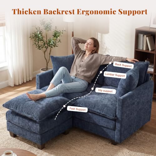 Image of 50'' L-Shape Loveseat Sofa with 22 inch Ottoman, 2 Seat Modern Cloud Couch with 2 Washable Pillows for Small Space Apartment Office Living Room Bedroom, Blue