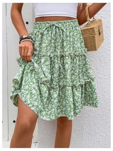 Women's Floral Ruffle Layered A Line Skirts Drawstring Waist Frill Boho Flowy Short Skirt3