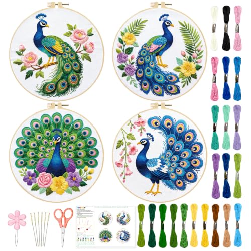 Image of INFUNLY 4pcs Green Peacock Embroidery Kit for Beginners Peacock Flowers Cross Stitch Kits with Pre-Printed Patterns 11.6x11.6inch Embroidery Starter Kit with 22 Colors Thread for DIY Craft Lovers