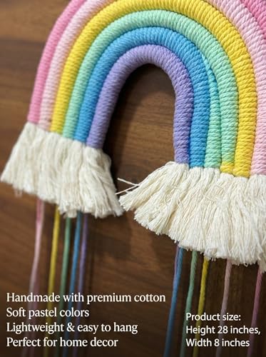 Image of JH Gallery Handmade Rainbow Macrame Wall Hanging - Colorful Cotton Rope Boho Wall Art with Tassels for Nursery, Kids Room and Bedroom Wall Decor, Cozy Home Decor for Living Room.