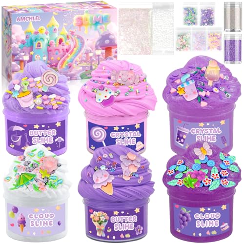 AMCHLEL 6 Kits de Fluffy Butter Slime, Juguetes de Masilla Slime, Morado Degradado Suministros de Slime Claro para Niños, Juguete para Aliviar el Estrés,Slime Súper Elástico Niños Favores de Fiesta