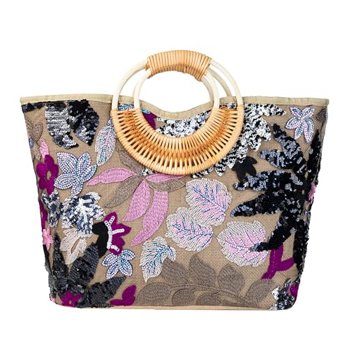 Image of Rattan Wood Handle Sequin Embroidered Floral Beach Bag Tote for Vacation and Wedding Party