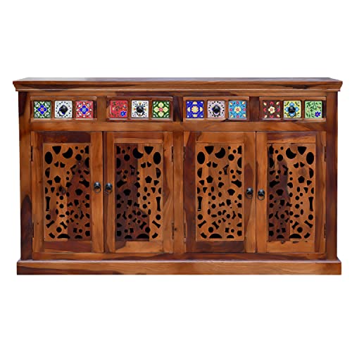 Image of SONA ART & CRAFTS CNC Solid Sheesham Wood Sideboard Cabinet Storage Organizer with 4 Drawer & Door Cabinet for Home Kitchen Living Room & Bedroom Multi Shelves Cabinets Hallway Dinning (Honey Finish)