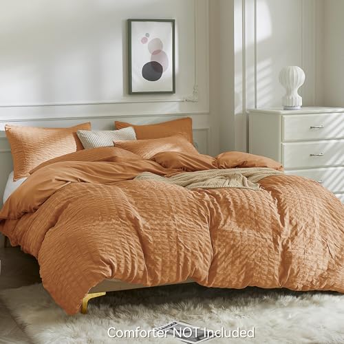 Image of JELLYMONI Seersucker Duvet Cover Set Full, 3pcs Brunt Orange Polyester | In Guest Room & Studio, Single Upgrades Pick, Crinkled Texture, Oeko-Tex Certified, 8 Corner Ties & Hidden Zipper