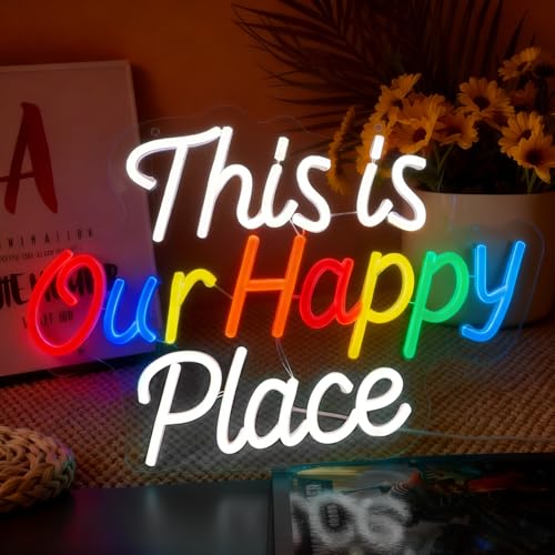 Image of This is Our Happy Place Neon Sign, Letter Neon Signs for Wall Decor Dimmable Light up Sign, Classroom Wedding Kids Room Store Home Neon Decor 16.54 x 11.81 inch