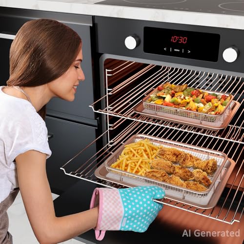 Image of Air Fryer Basket for Oven, OPENICE 2 Set Oven Air Fryer Basket and Tray with 60 Pcs Parchment Papers, Air Fryer Pan Crisper Tray Set for Crisping, Frying - Golden