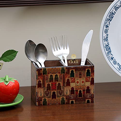 Image of DULI Engineered Wood Multicolorpurpose Stand, Cutlery Holder, Spoon Stand, Table Organizer With 2 Sections, Chammach Stand (10Cm X 15Cm, Jharoka), Utensils
