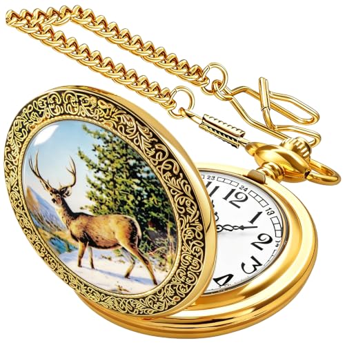 Image of Deer Pocket Watch for Men Pocket Watches with Chain Gift for Father's Day | Vintage Deer Case Pocket Watch Mens Quartz Watches with Chains Christmas Graduation Birthday Gifts Fathers Day