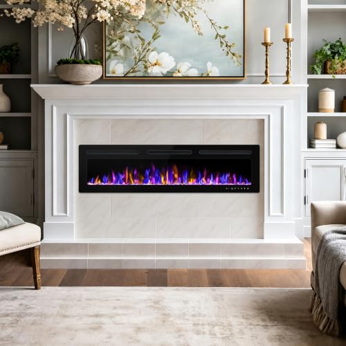 Image of BETELNUT 68 inch Electric Fireplace Wall Mounted and Recessed with Remote Control, 750 /1500W Ultra-Thin Wall Fireplace Heater W /Timer Adjustable Flame Color and Brightness, Log Set & Crystal Options