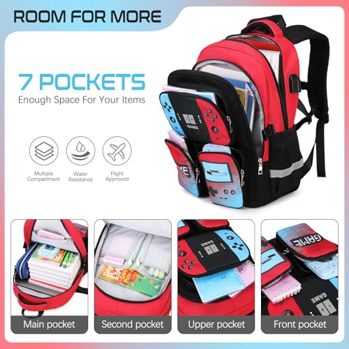 School Backpack for Boys, 4 PCS Gamer Boy Backpack Set with Bento Box, Lunch Box & Pencil Pouch, Waterproof Schoolbag for Boys Kids Teens, Elementary Middle School, Kid Bookbag Casual Daypack3