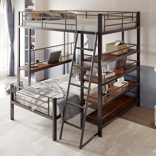 Wiuzo Litera con estructura de metal, 140 x 200, cama multifunción con varios estantes, color negro