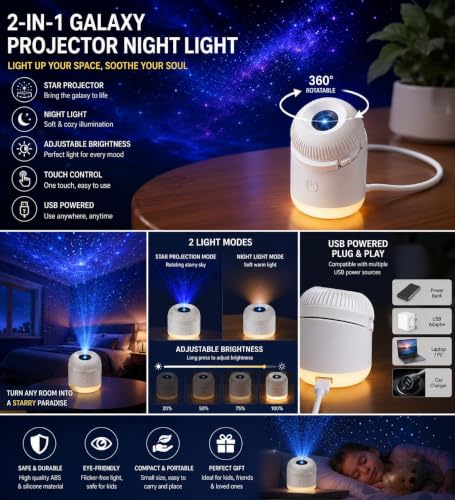 Image of Mini Galaxy Star Projector Night Light, 2-in-1 USB Powered LED Ceiling Projector with 1 Slide, Starry Sky Lamp for Bedroom, Kids, Adults, Nursery, Home, Car Decoration & Romantic Ambience