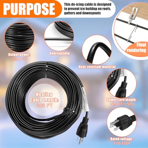 Retisee TOU-RETISEE-2093 200 Ft Roof Snow Deicing Cable Kit 5 Watts Per Foot Deicing Heating Cable Plug In Heat Tape thumb #3