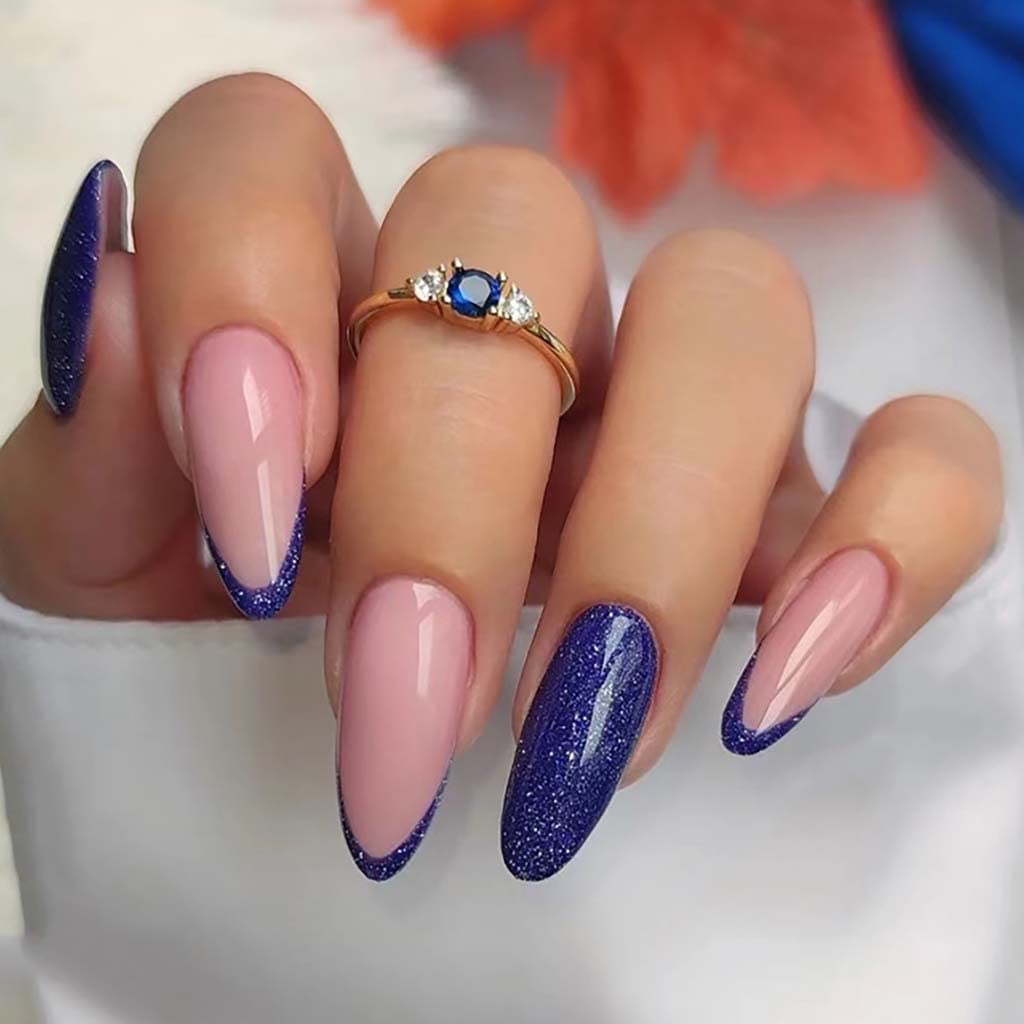 RikViewFrench Tip Press on Nails Almond Acrylic Nails Long Fake Nails Blue Nails Glossy Stick on Nails 24 PCs/Set
