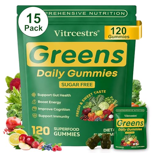 Greens Daily Gummies Sugar Free Super Greens Gummies for Adults Superfood Multivitamin Gummy with Spirulina Chlorella Prebiotic Fiber Adaptogens Fruit Veggie for Digestive & Gut Health 120 Count