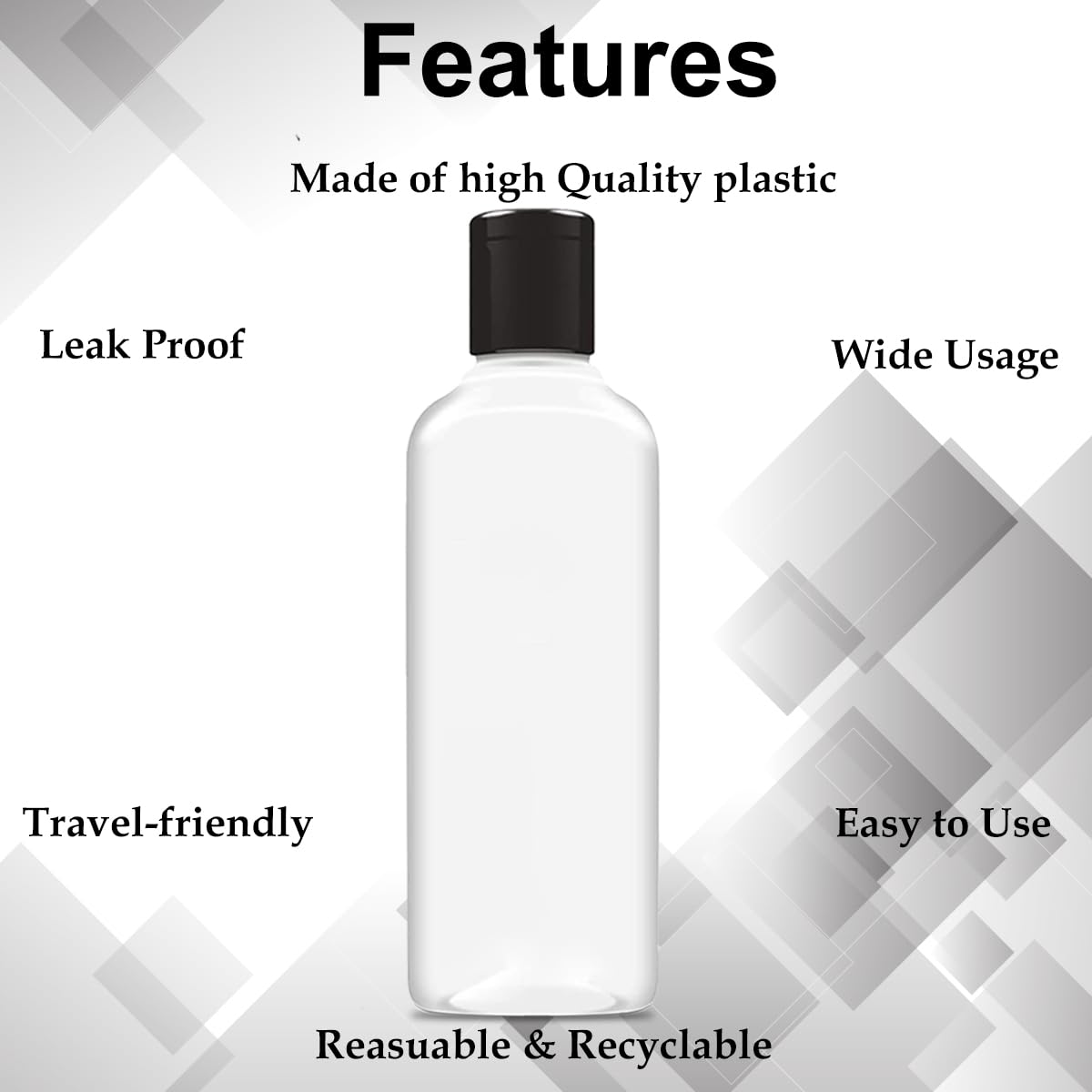 MADHYA Polyvinyl Chloride 200ml Squeeze Bottle with Flip Top Cap, Empty BPA-Free Refillable Container For Shampoo, Lotions, Liquid Cosmetic Travel Size Transparent Bottle, Black Flip-Top, Set of 24 1