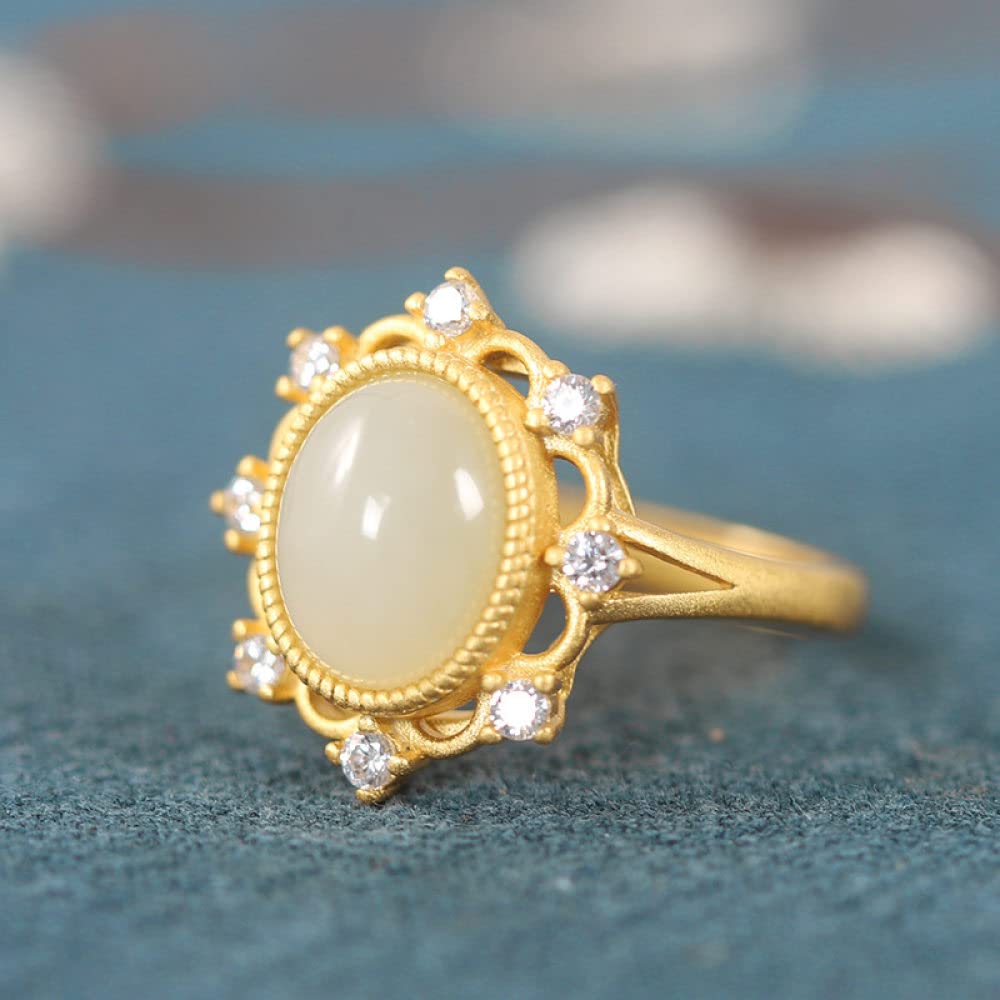Anello in Argento 925 da Donna,Argento Sterling 925 Micro-Set Zircone A Forma di Fiore Ritaglio Boho Ovale Giada di Hetian Anelli Eternity FEDI Nuziali Placcate Oro Anelli di Promessa per Ragazze Si