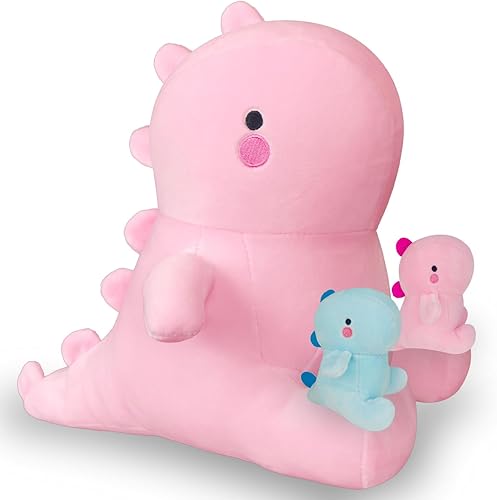 Lindos juguetes de peluche de dinosaurio, mamá de dinosaurio grande con 2 pequeñas muñecas de peluche de dinosaurio en su barriga, peluche de