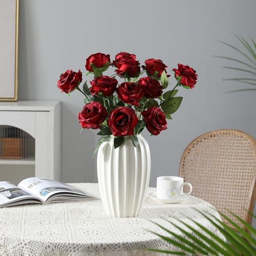 Image of Tifuly 12 PCS Rose Artificial Flower, Single Stem Fake Flowers Bridal Wedding Bouquet, Realistic Blossom Flora for Home Garden Party Hotel Office Decorations (Gradient Burgandy)