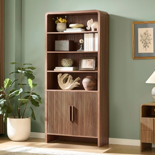 Image of AMERLIFE 71 inch Modern Bookcase with Storage Cabinet, 6-Tier Bookshelf with 3 Adjustable Shelves & Fluted Doors, Wood Curved Display Cabinet for Living Room, Dining Room, Home Office, Brown