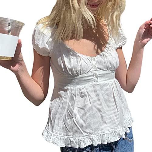 Womens Y2k Fairy Grunge Shirts Square Neck Short Sleeve Lace Patchwork Crop Top Vintage Aesthetic Clothes